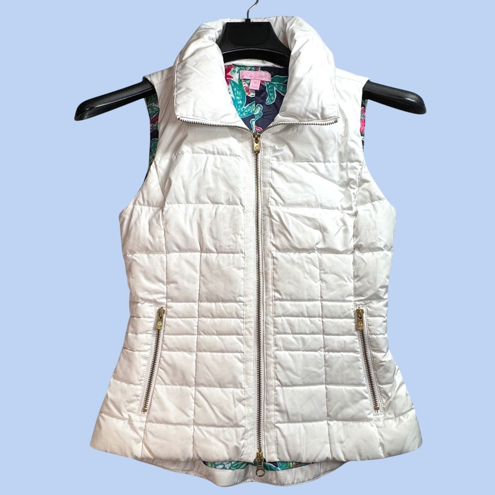 Lilly Pulitzer Womens White Quilted Down Puffer Vest Floral Lining Gold Zip XS